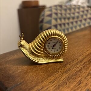 Vintage Cenzer Mini Snail Desk Nightstand Clock Gold Tone